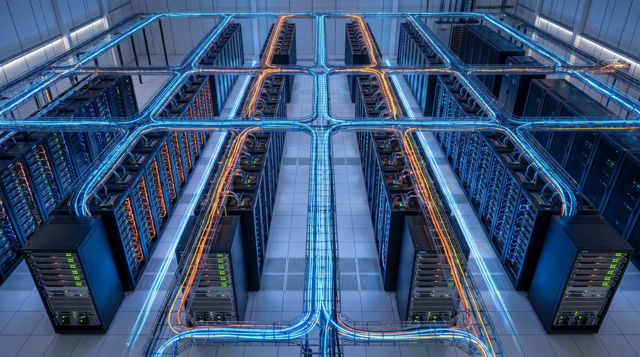 AI networking fabric with GPU racks, Ethernet switches and fiber links