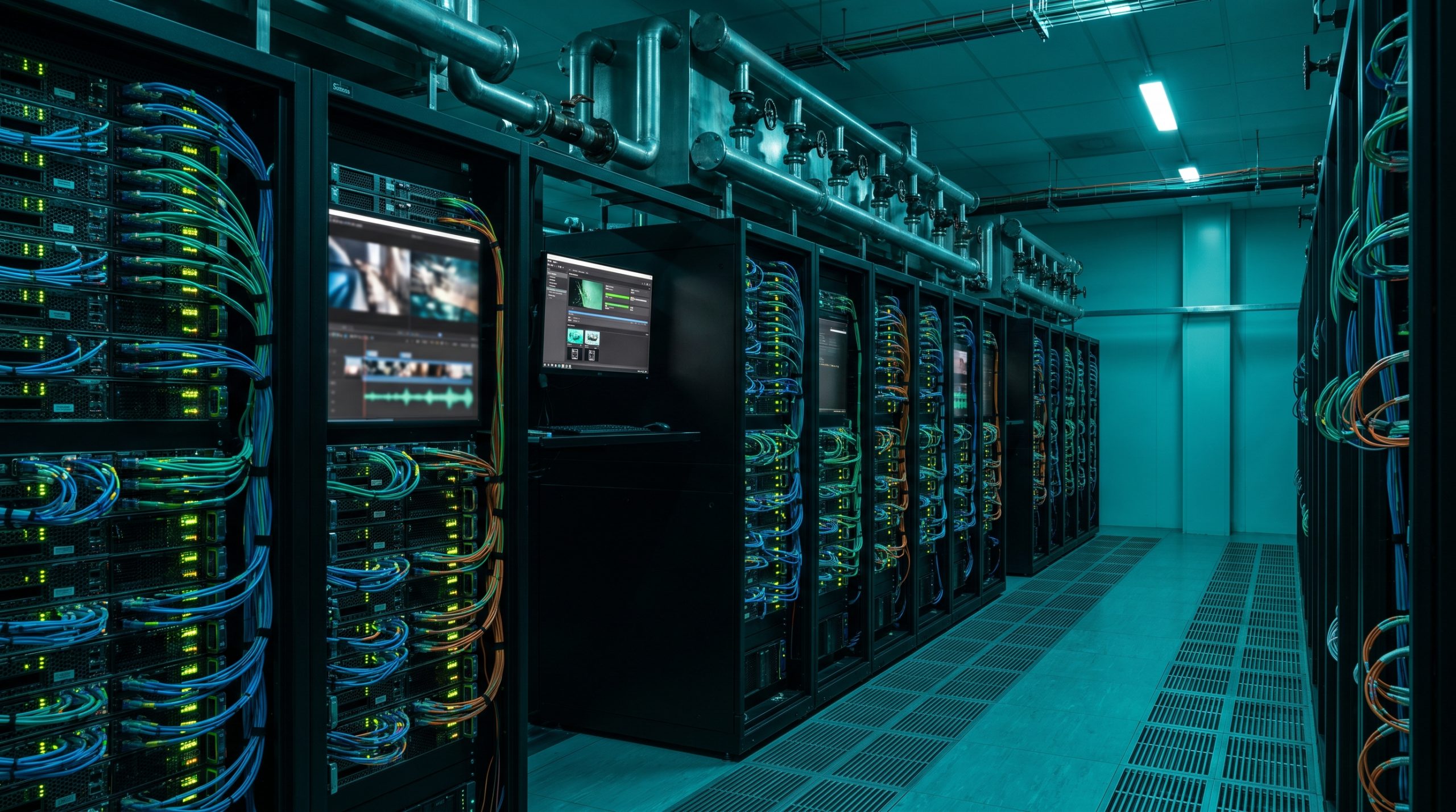 AI video inference infrastructure with GPU racks, render queue, and video timeline