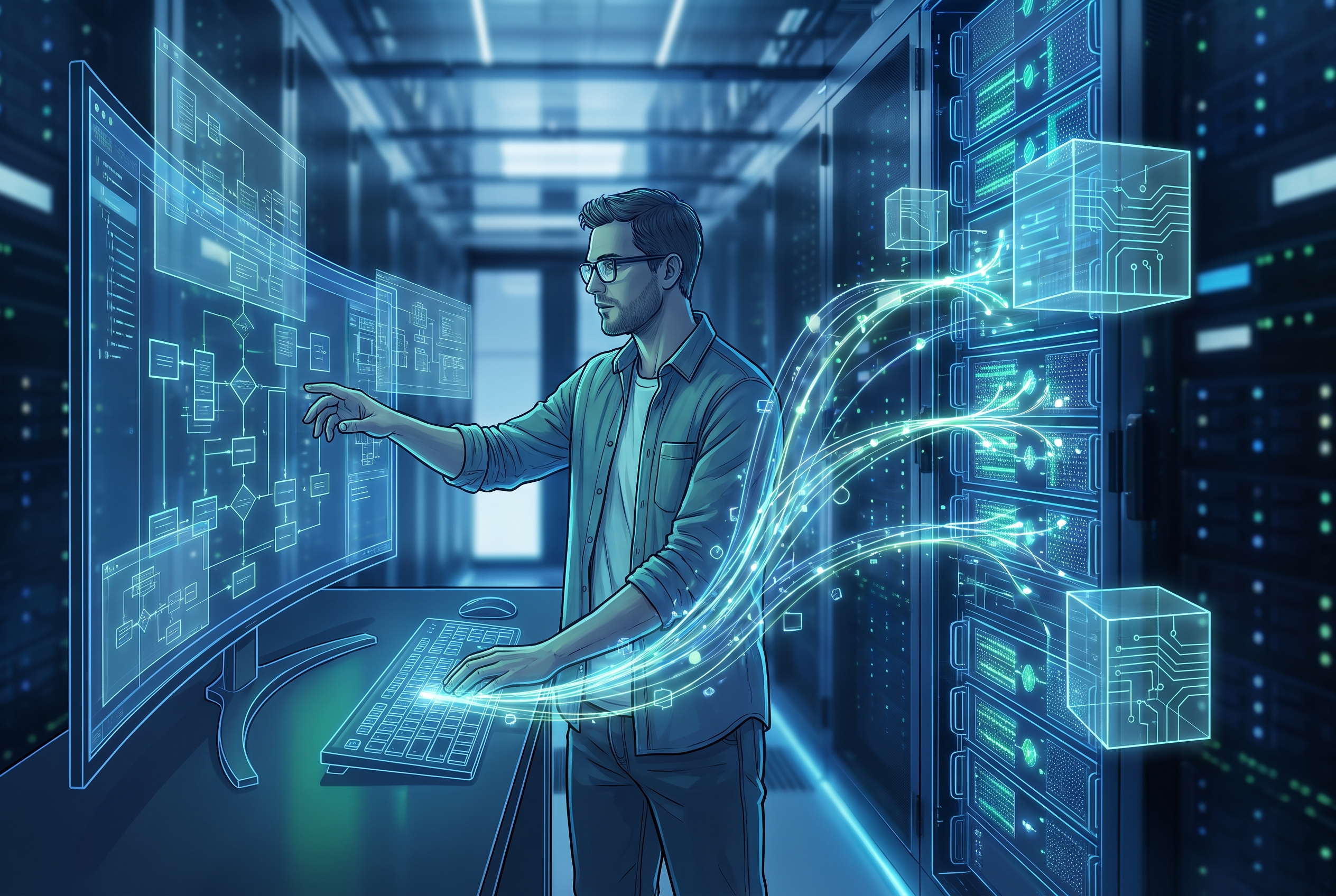 Long-context inference workflow showing an engineer reviewing code and documents beside accelerator racks
