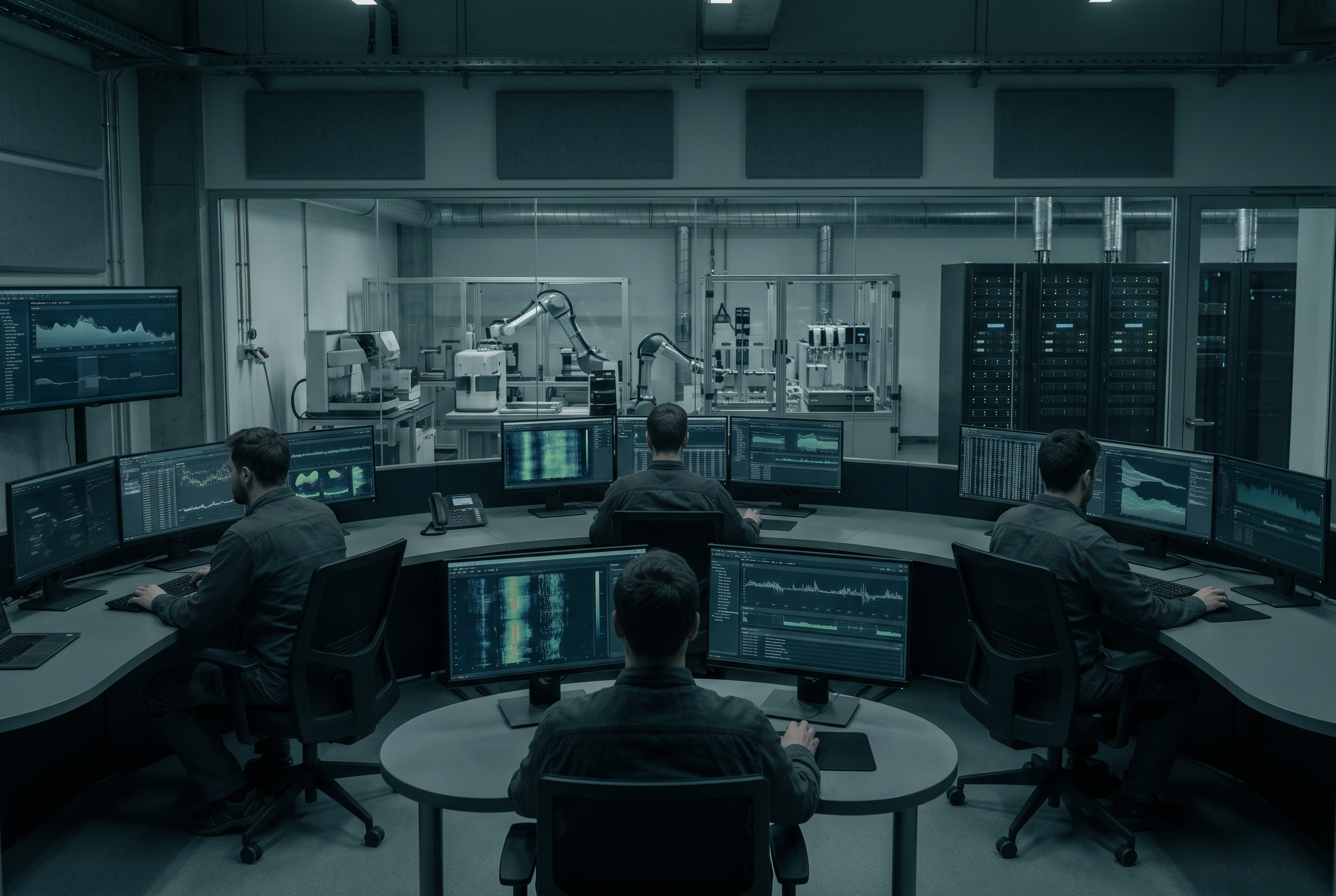 AI research automation operations room with engineers, scientific equipment, and unlabeled telemetry screens