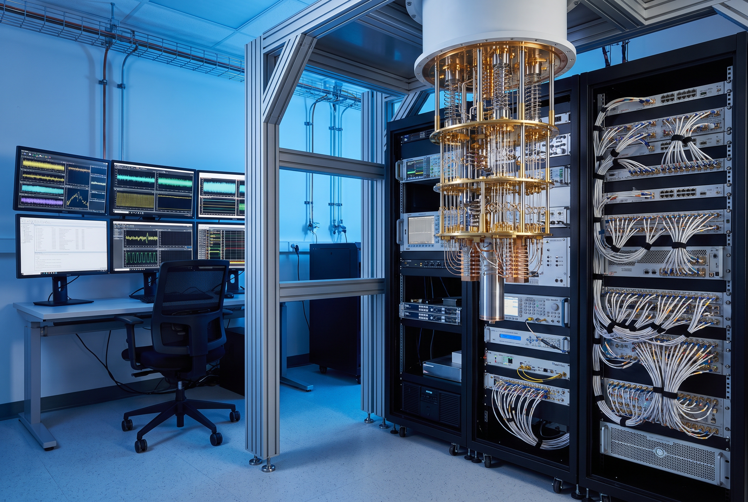 AI research automation visual showing a quantum computing laboratory with control racks and a developer workstation