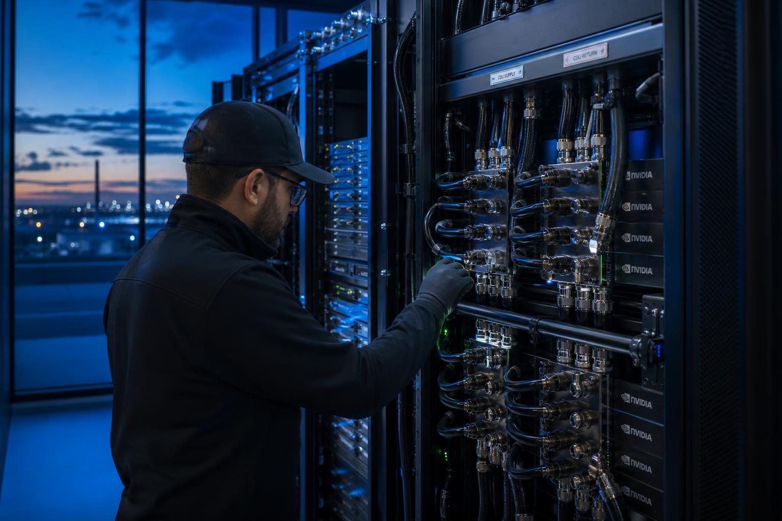 Liquid cooled GPU rack AI infrastructure visuals prompt output