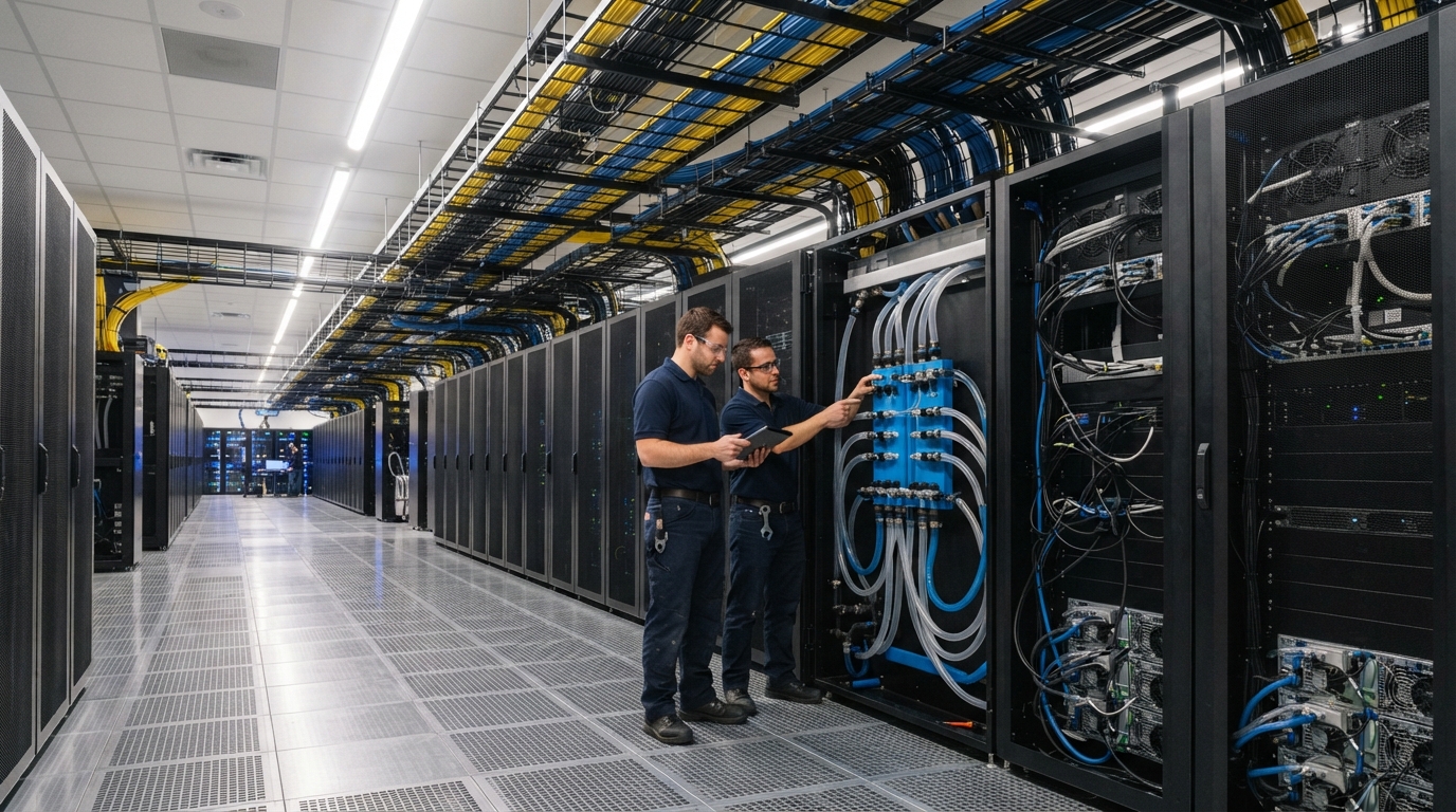 Liquid cooled GPU rack aisle with fiber trays