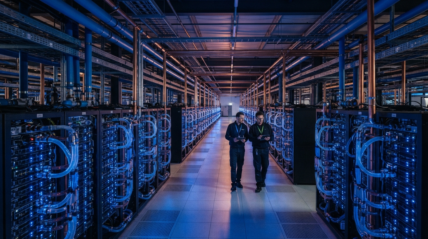 Liquid-cooled AI data center GPU infrastructure rack