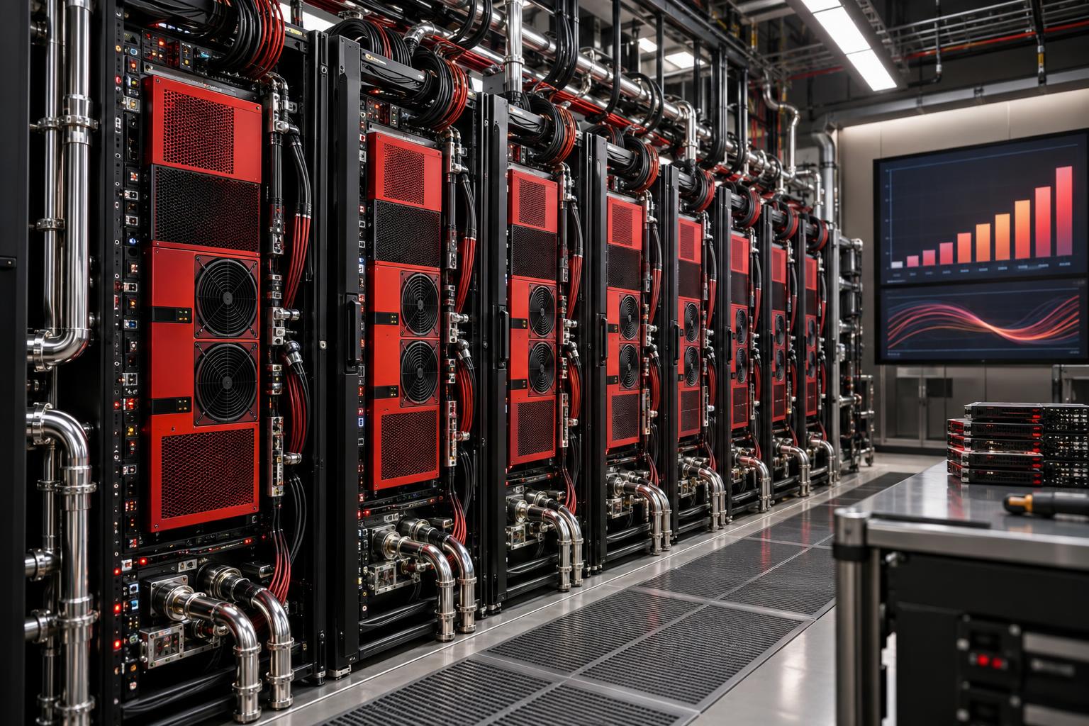 Inference benchmark GPU server rack with accelerator nodes, cooling and fiber networking