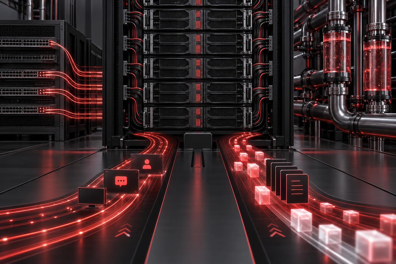 Inference benchmark data paths between GPU servers, network switches and cooling infrastructure