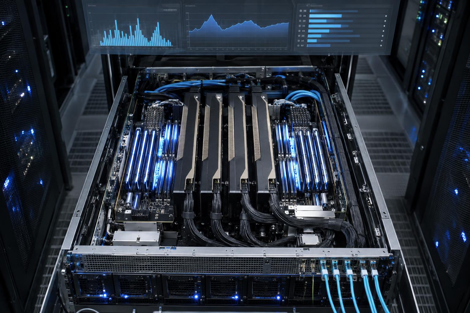 GPU utilization telemetry showing uneven inference request queues in an AI data center