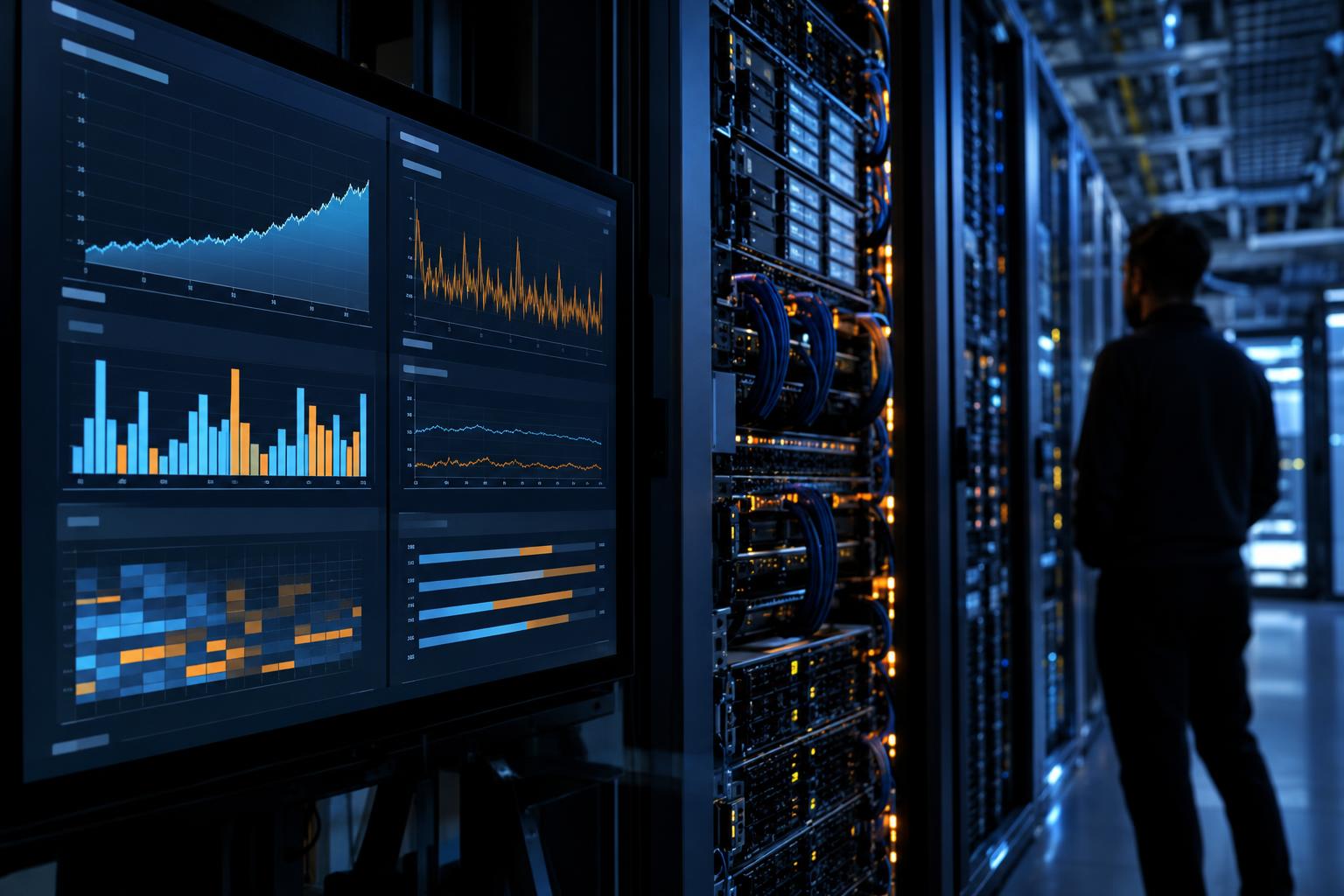 Inference telemetry beside GPU accelerator racks showing throughput latency and memory bandwidth monitoring