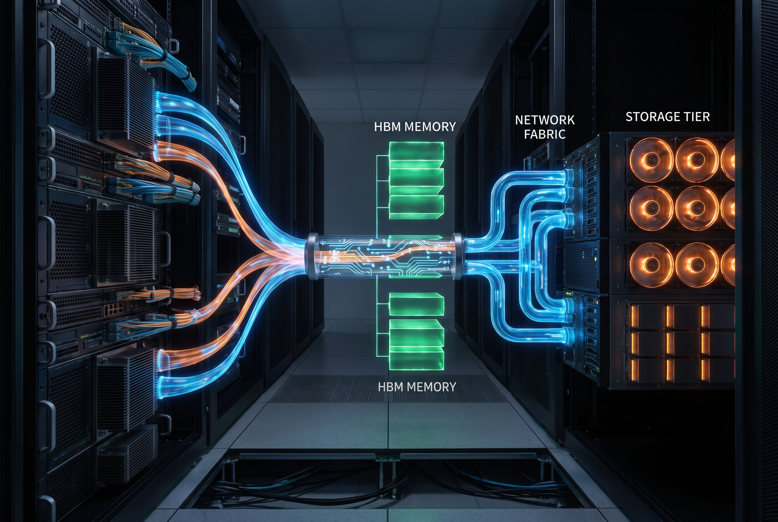 AI inference hardware context flow between GPU HBM memory, network fabric, and storage