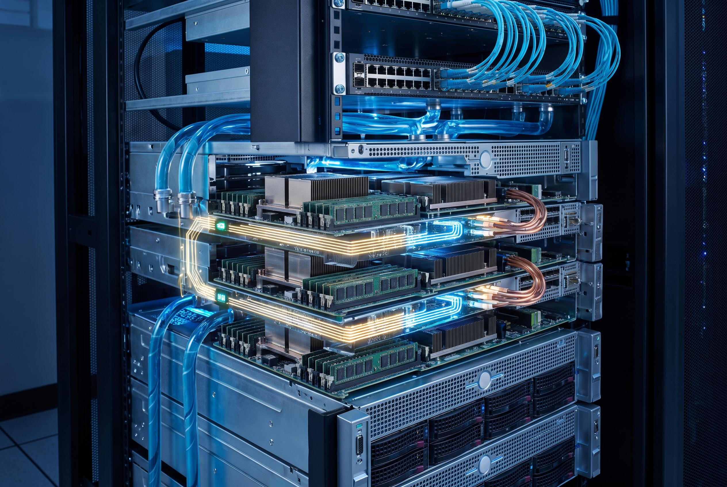 AI inference hardware rack with GPUs, network switches, memory paths, and liquid cooling