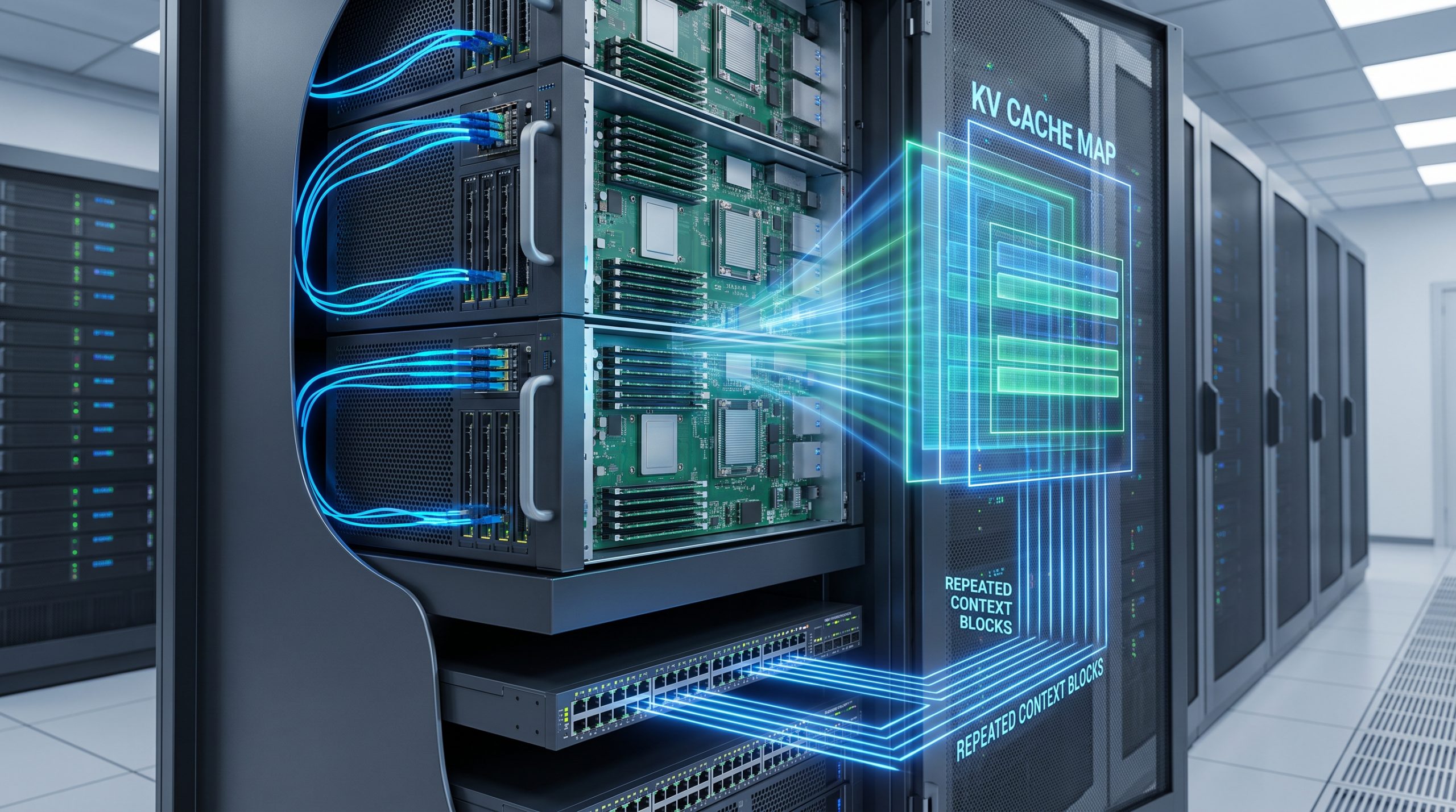 AI context caching architecture with GPU servers, memory tiers, and routed KV cache blocks