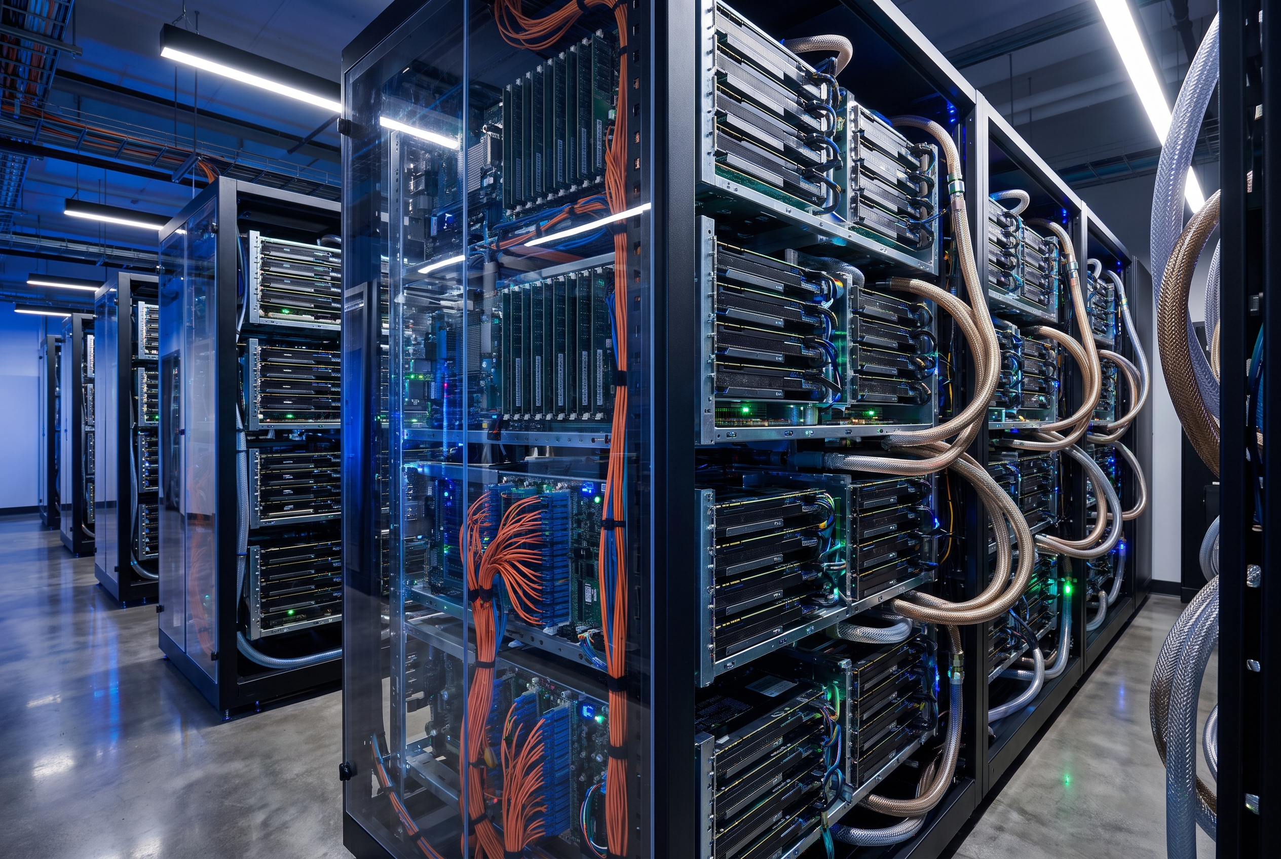 Inference data center GPU cluster in a liquid cooled server aisle