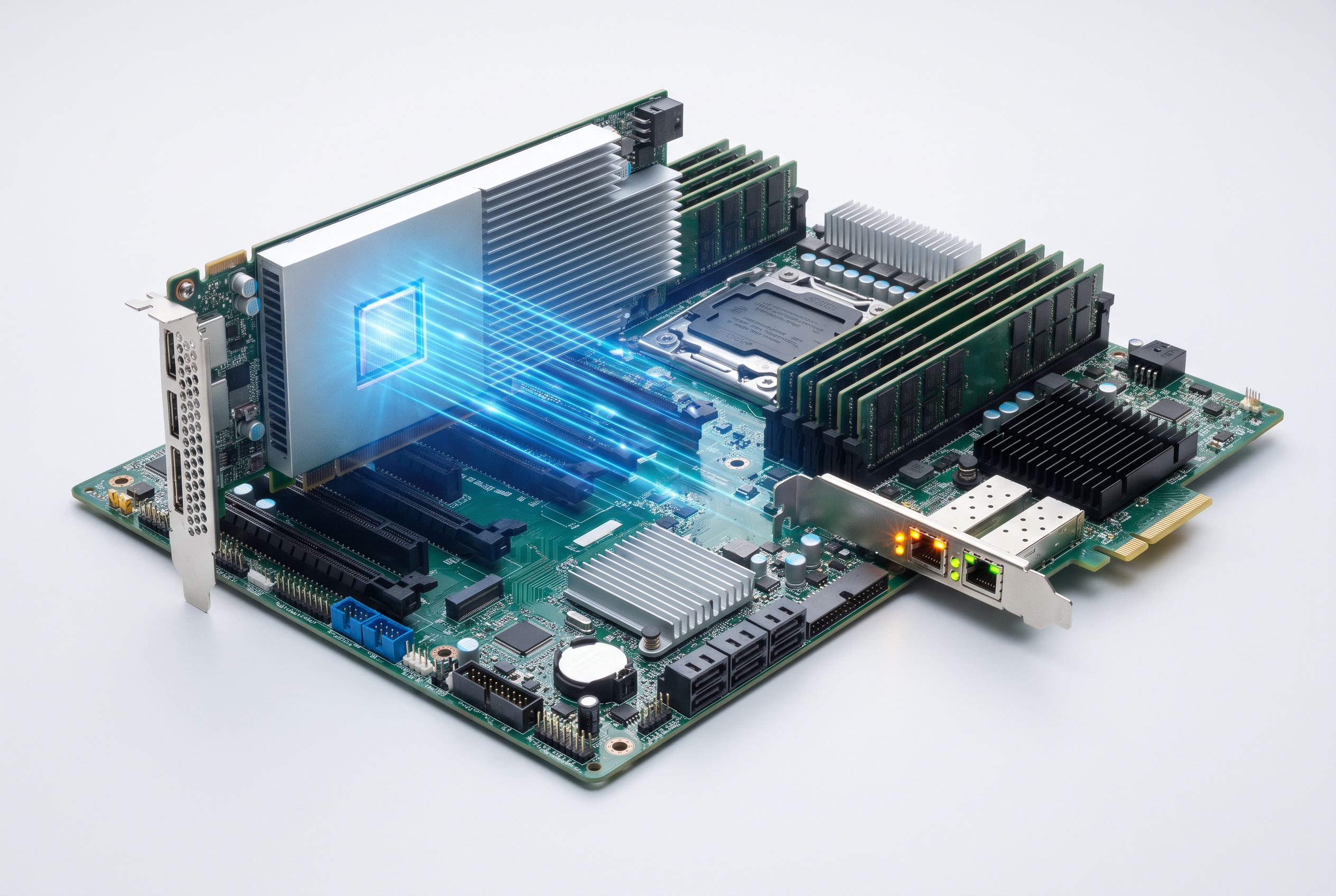 Inference data center GPU server with memory and network paths