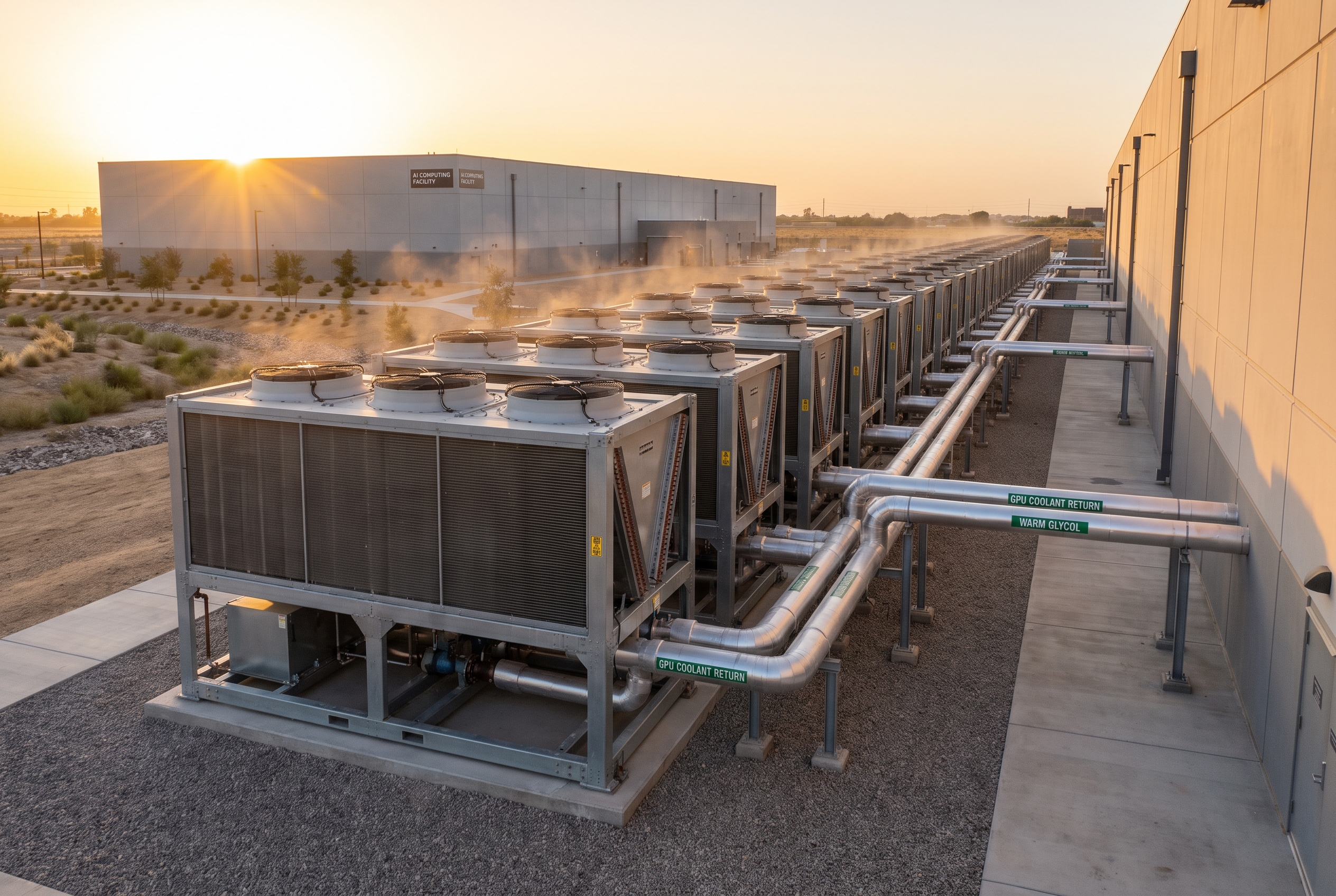 Dry coolers used for AI data center cooling beside an AI facility