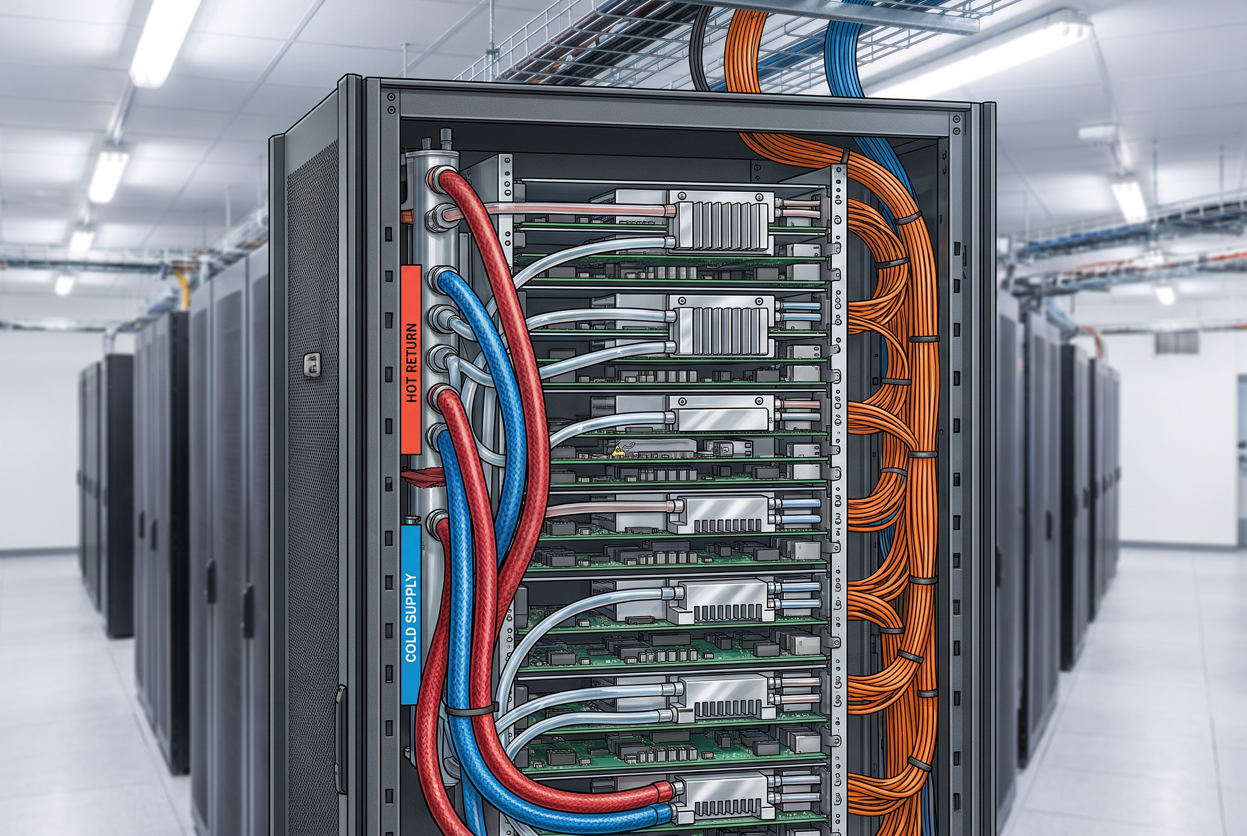 AI data center cooling with direct to chip liquid cooled GPU rack